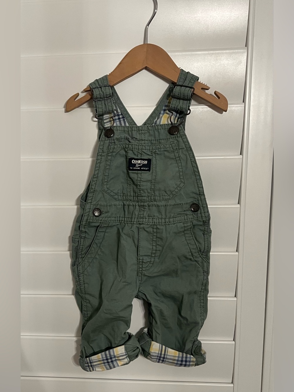 OshKosh B'gosh Olive Green Baby Overalls with Plaid Cuffs